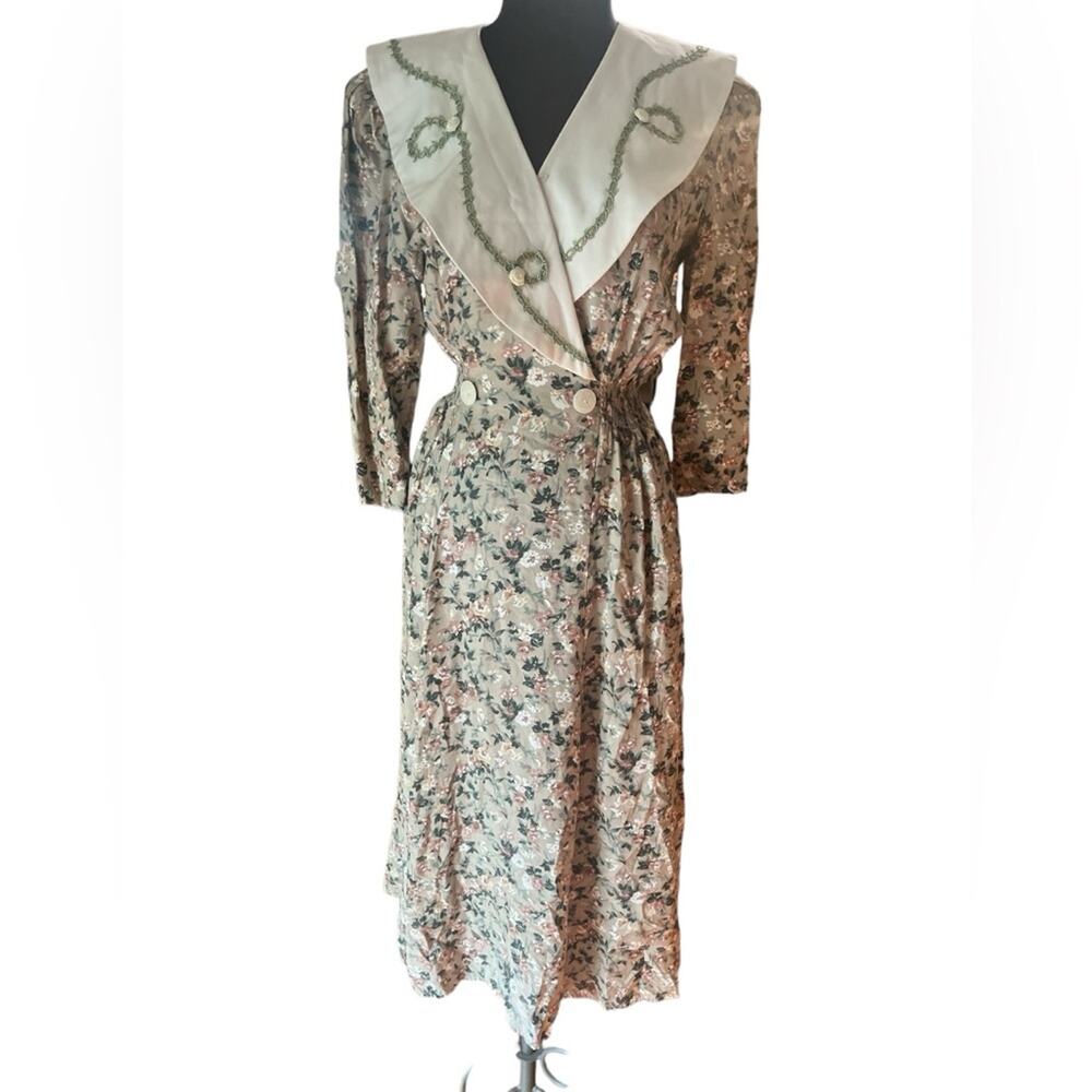 Vtg Cottagecore Floral Shabbychic Faux Wrap Midi Dress Size 8 Feminine Country
